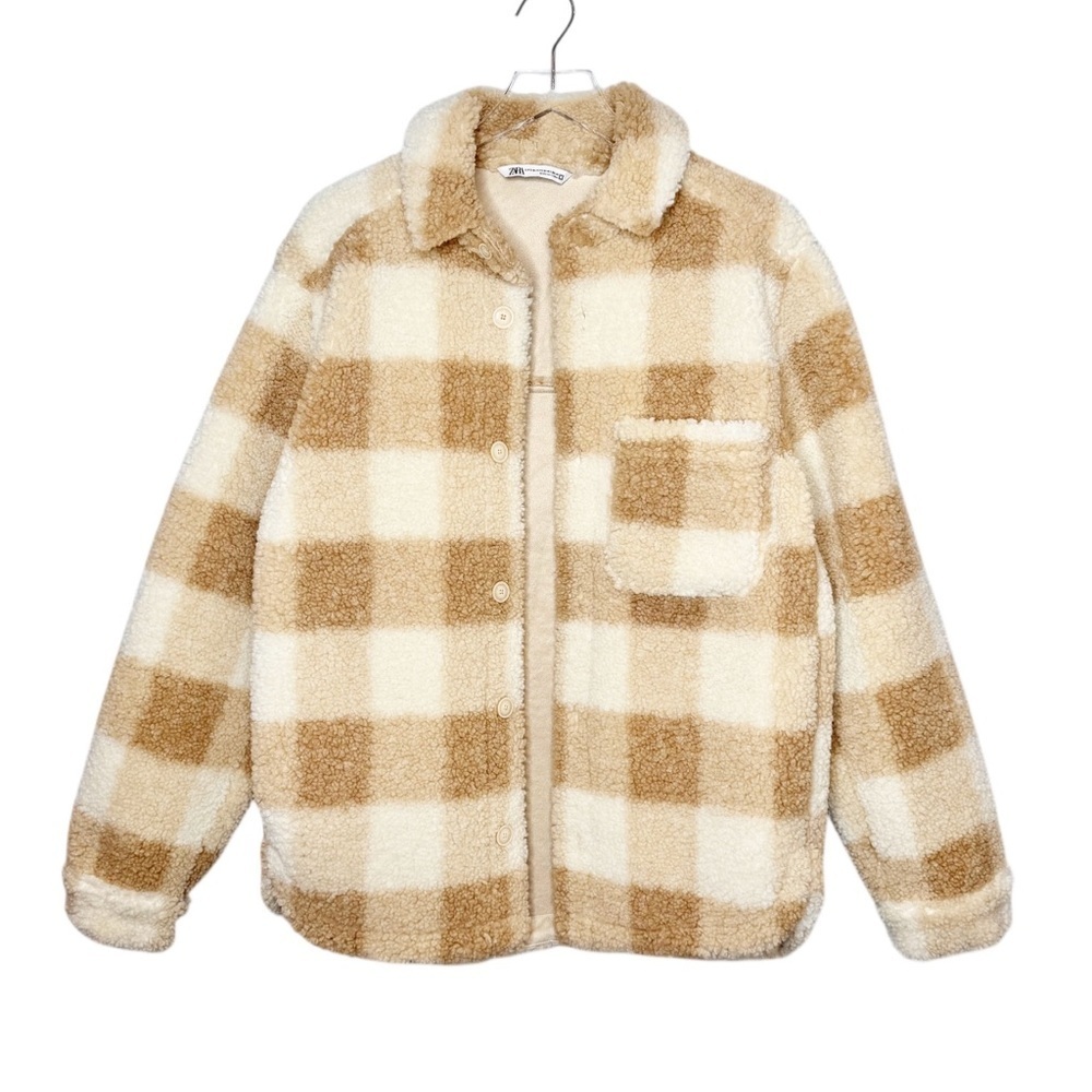 Zara Tan Plaid Sherpa Women’s Shacket Button Down Oversized Jacket Sz S/M
